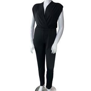 Ripley Rader Womens Size 3 US M Black Faux Wrap VNeck Stretch Jumpsuit Taper Leg